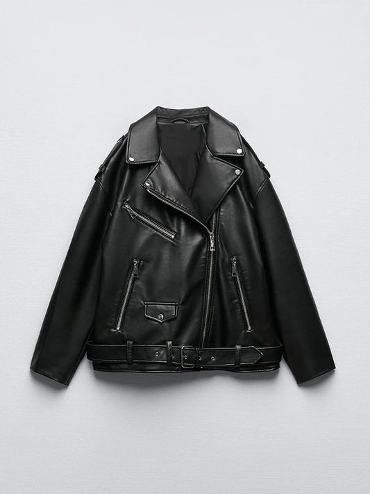 Sophisticated Belted Faux Leather Biker Jacket for Women