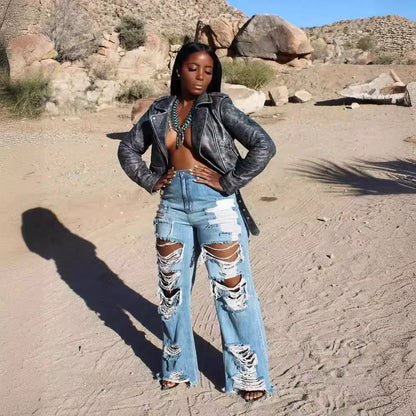 High Waist Slim Straight Jeans with Distressed Splice Details