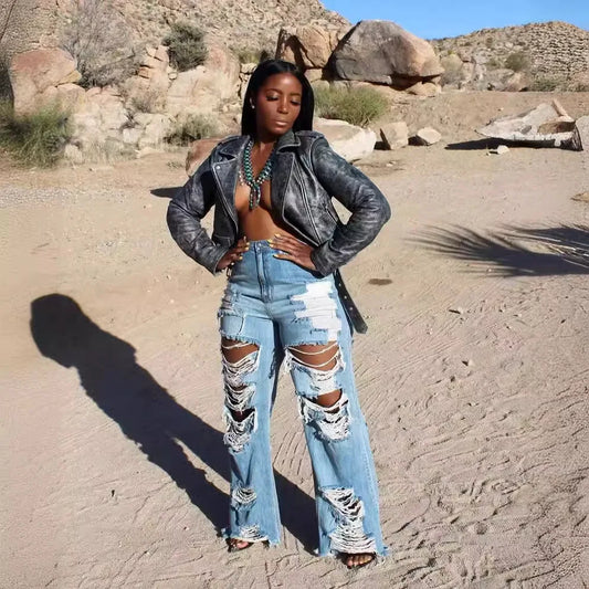 High Waist Slim Straight Jeans with Distressed Splice Details