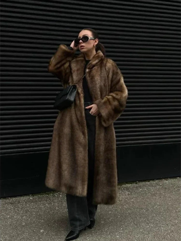 Elegant Faux Fur Lapel Long Overcoat for Women