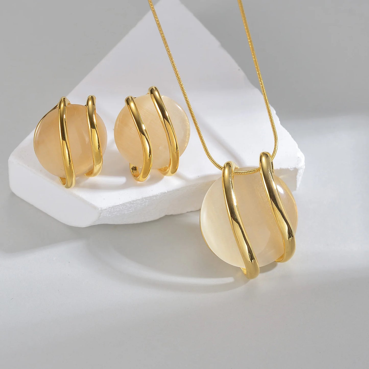 Stainless Steel Natural Stone Stud Earrings & Choker Necklace Set