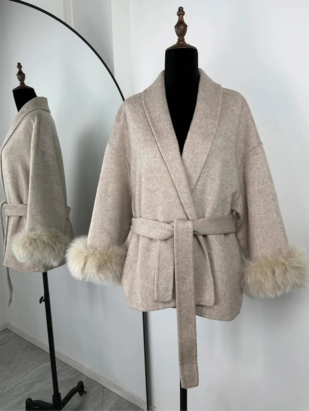 Women’s Tweed Coat with Belt and Plush Sleeves