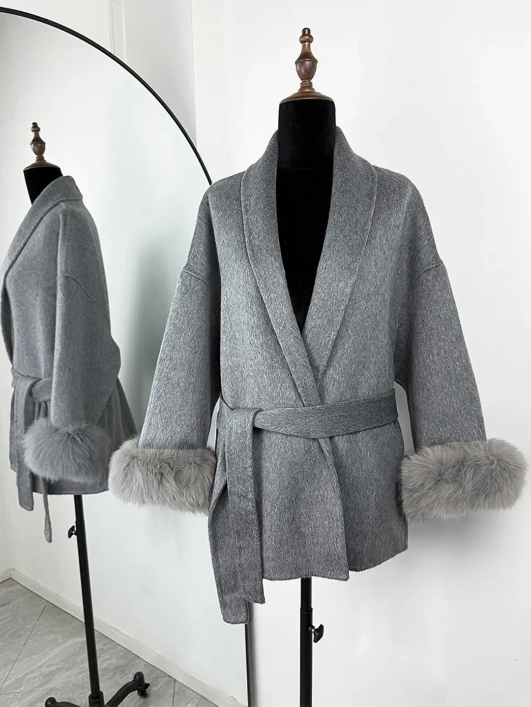 Women’s Tweed Coat with Belt and Plush Sleeves