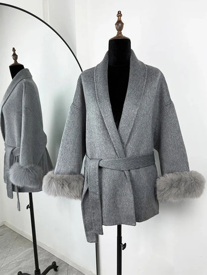 Women’s Tweed Coat with Belt and Plush Sleeves