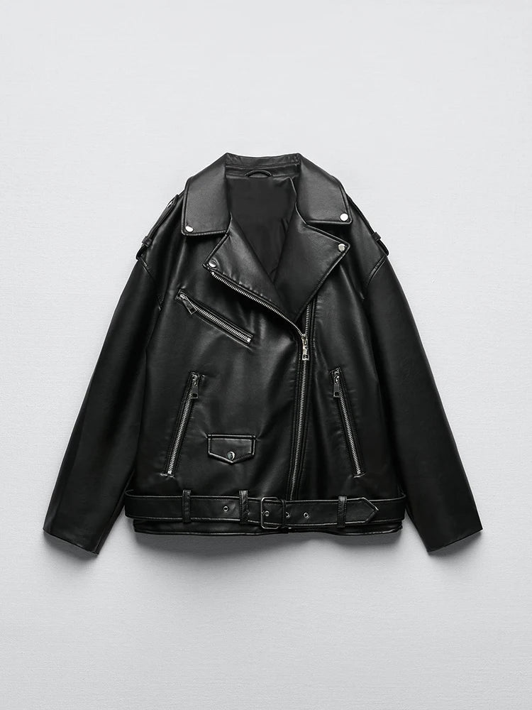 Sophisticated Belted Faux Leather Biker Jacket for Women