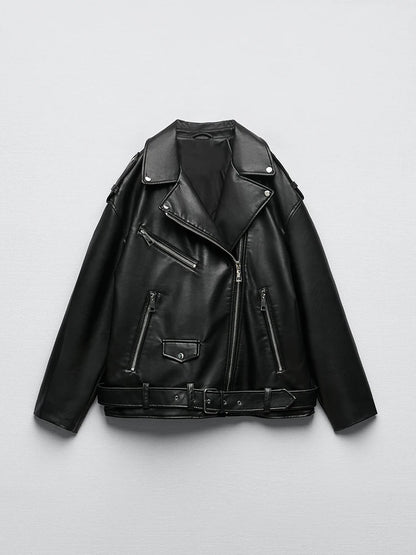 Sophisticated Belted Faux Leather Biker Jacket for Women