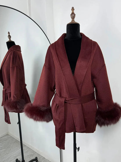 Women’s Tweed Coat with Belt and Plush Sleeves