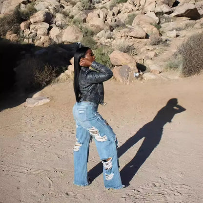 High Waist Slim Straight Jeans with Distressed Splice Details