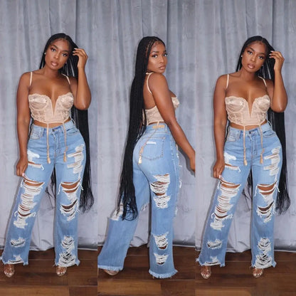 High Waist Slim Straight Jeans with Distressed Splice Details