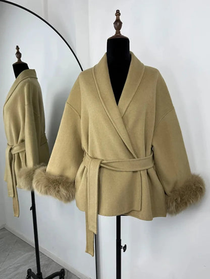 Women’s Tweed Coat with Belt and Plush Sleeves