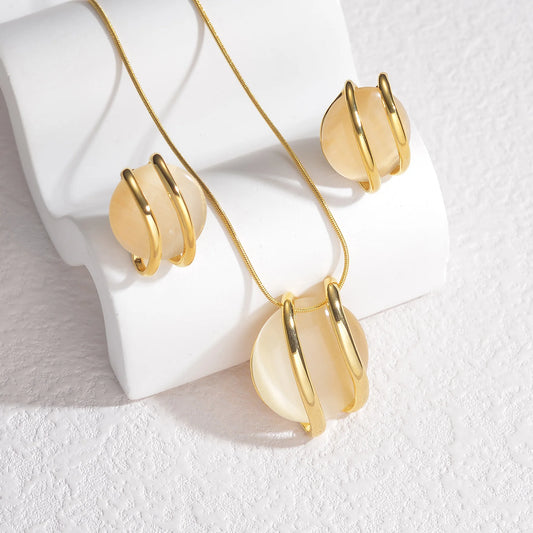 Stainless Steel Natural Stone Stud Earrings & Choker Necklace Set