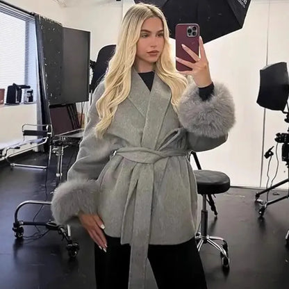 Women’s Tweed Coat with Belt and Plush Sleeves