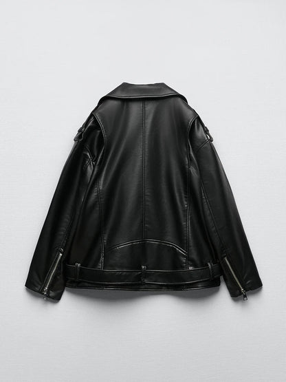 Sophisticated Belted Faux Leather Biker Jacket for Women
