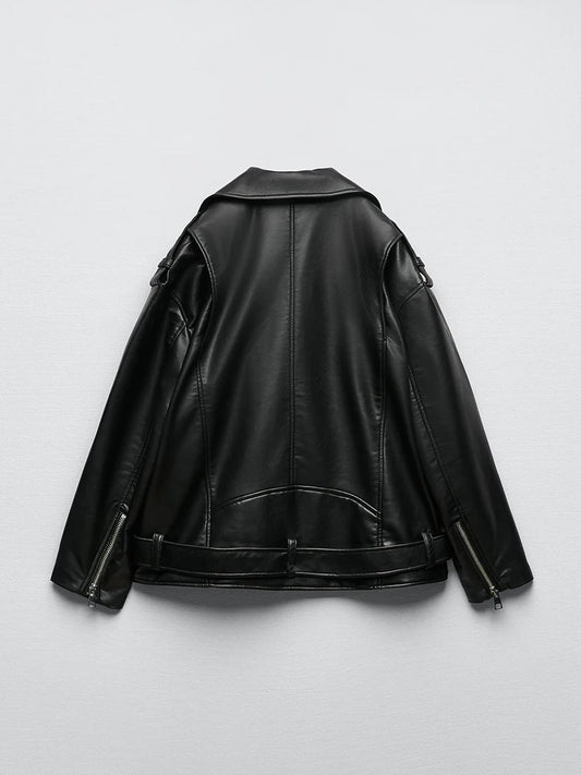 Sophisticated Belted Faux Leather Biker Jacket for Women
