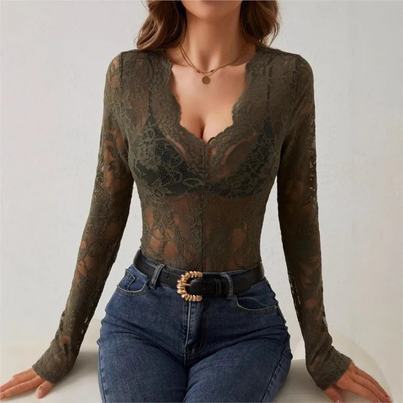 Elegant Sheer Lace V-Neck Long Sleeve Top for Women