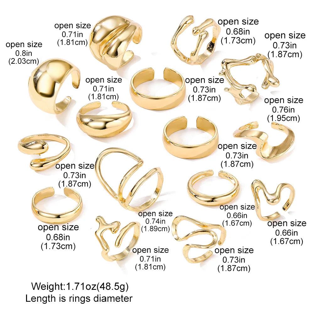 15PCS Exaggerated Metal Abstract Rings Set