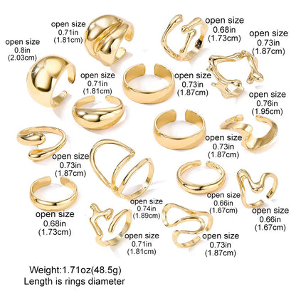 15PCS Exaggerated Metal Abstract Rings Set