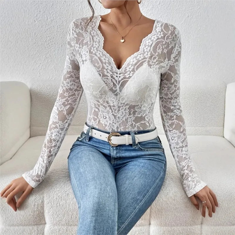 Elegant Sheer Lace V-Neck Long Sleeve Top for Women