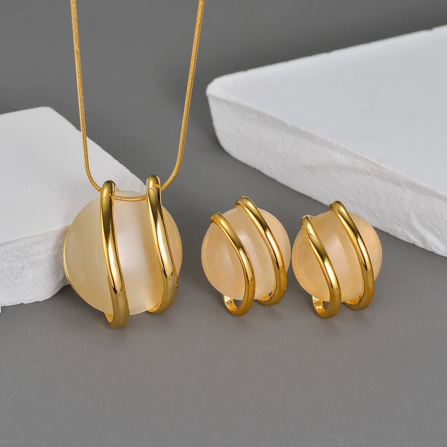 Stainless Steel Natural Stone Stud Earrings & Choker Necklace Set