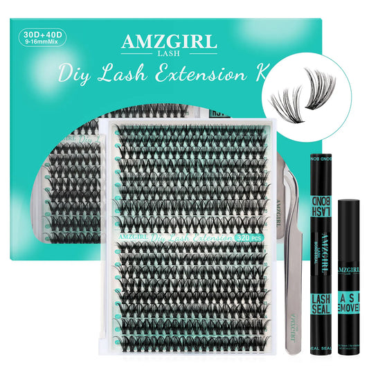 AMZGirl DIY Eyelash Extension Kit – 320pcs Cluster Lashes 30D/40D with Waterproof Bond, Seal, Remover & Tweezer