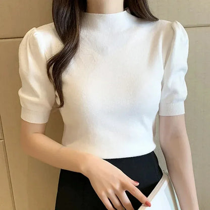 Puff Sleeve Knitted Blouse with Half Turtleneck