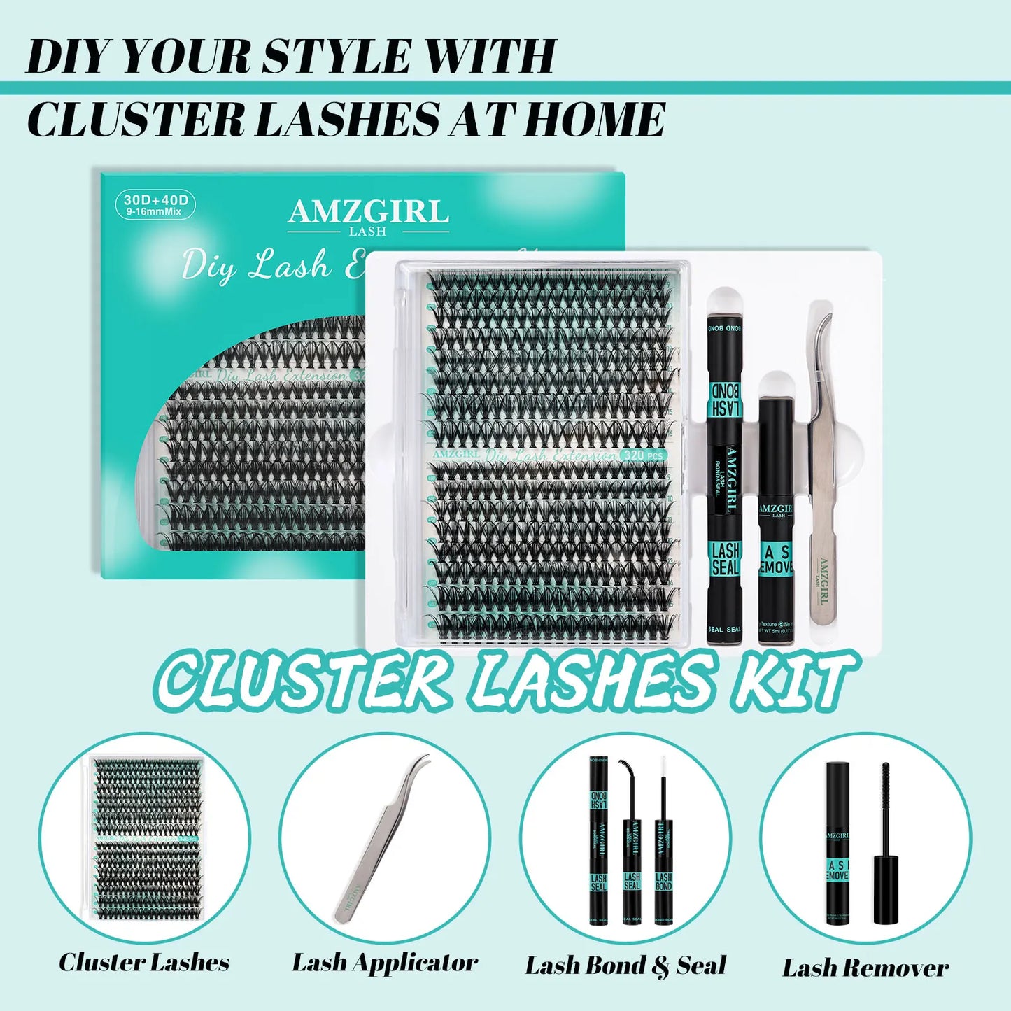 AMZGirl DIY Eyelash Extension Kit – 320pcs Cluster Lashes 30D/40D with Waterproof Bond, Seal, Remover & Tweezer