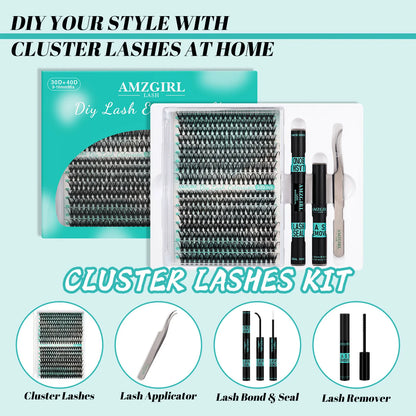 AMZGirl DIY Eyelash Extension Kit – 320pcs Cluster Lashes 30D/40D with Waterproof Bond, Seal, Remover & Tweezer