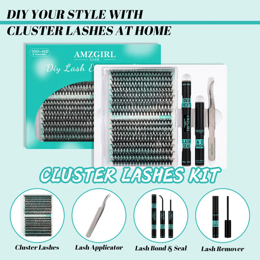 AMZGirl DIY Eyelash Extension Kit – 320pcs Cluster Lashes 30D/40D with Waterproof Bond, Seal, Remover & Tweezer