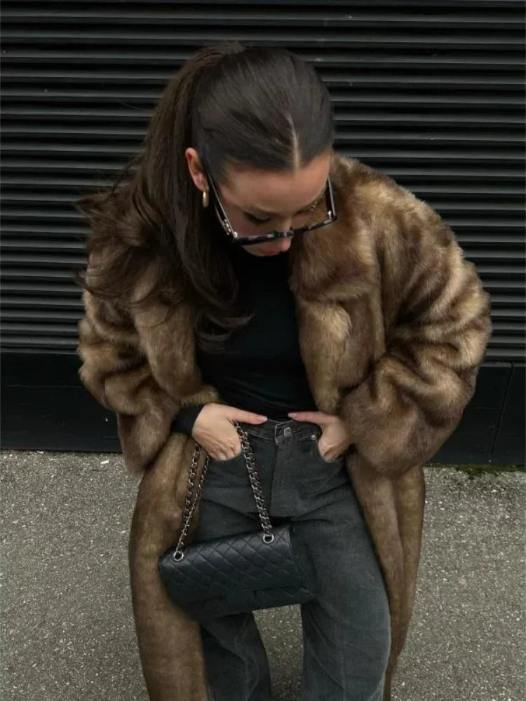 Elegant Faux Fur Lapel Long Overcoat for Women