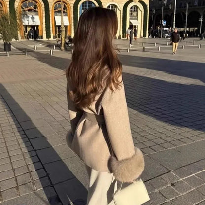 Women’s Tweed Coat with Belt and Plush Sleeves