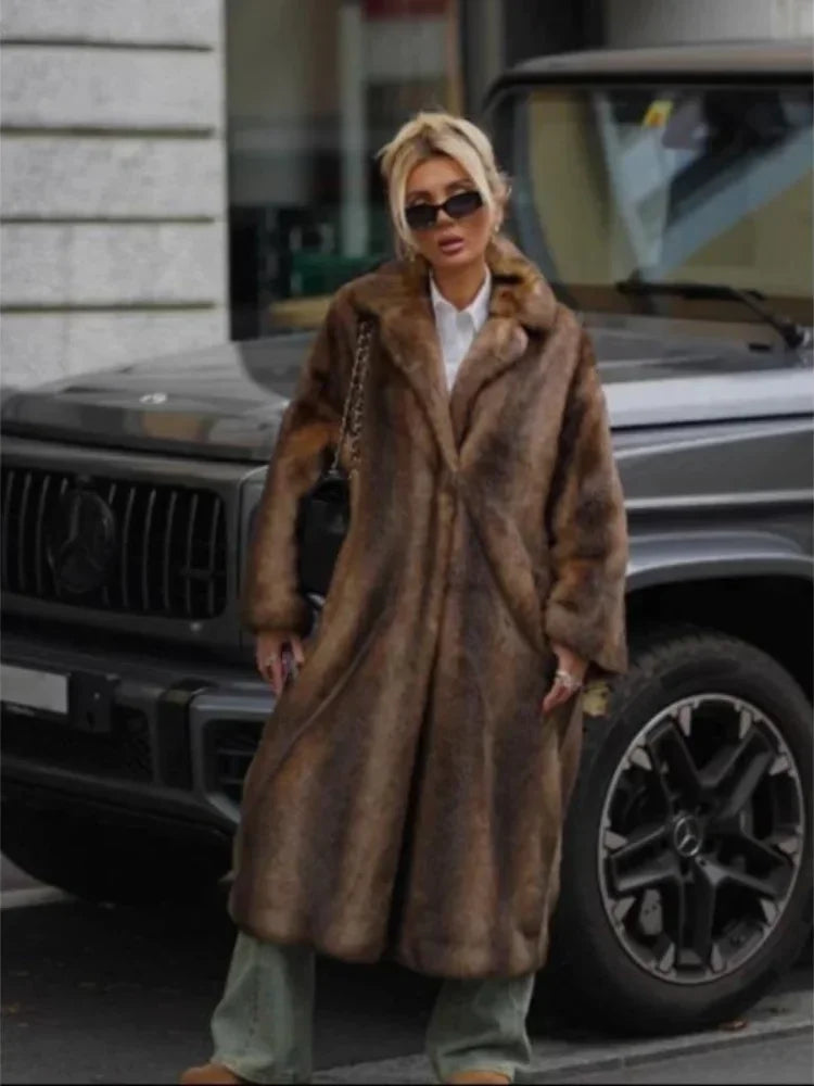 Elegant Faux Fur Lapel Long Overcoat for Women