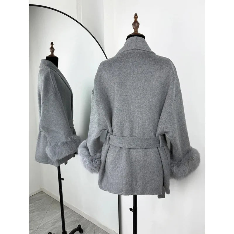 Women’s Tweed Coat with Belt and Plush Sleeves