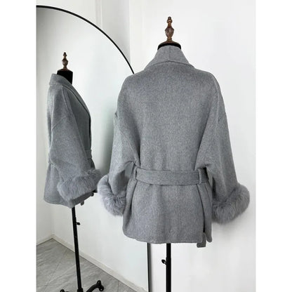 Women’s Tweed Coat with Belt and Plush Sleeves