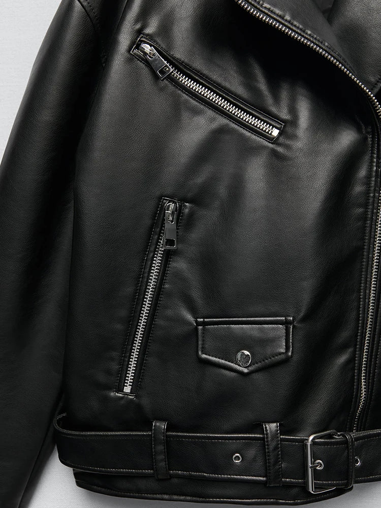 Sophisticated Belted Faux Leather Biker Jacket for Women