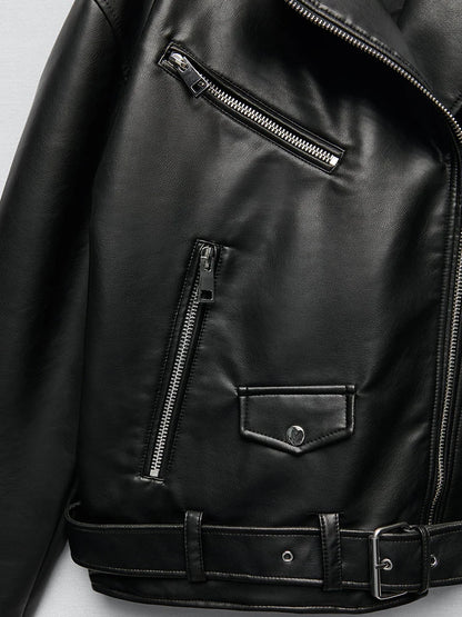 Sophisticated Belted Faux Leather Biker Jacket for Women