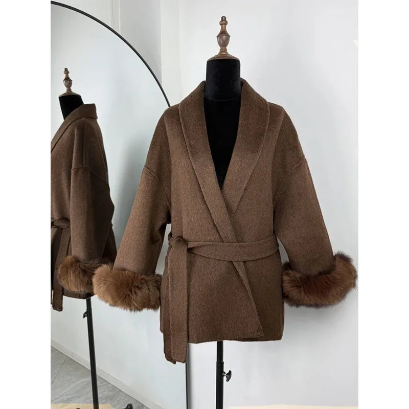 Women’s Tweed Coat with Belt and Plush Sleeves
