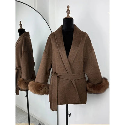Women’s Tweed Coat with Belt and Plush Sleeves