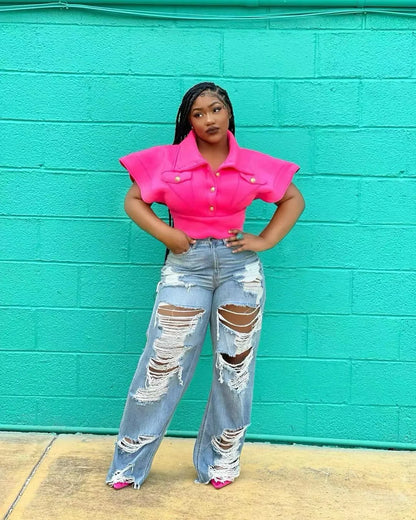 High Waist Slim Straight Jeans with Distressed Splice Details