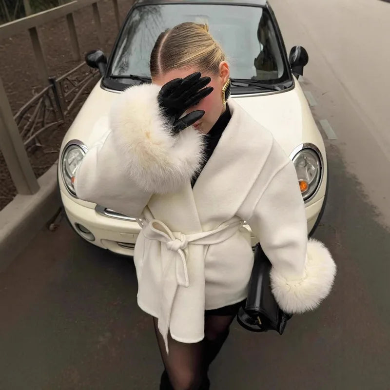 Women’s Tweed Coat with Belt and Plush Sleeves