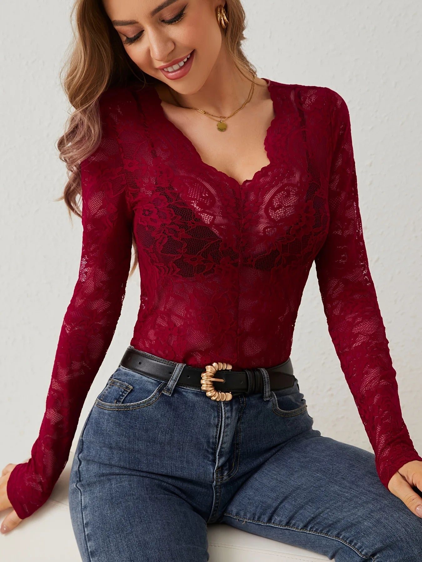 Elegant Sheer Lace V-Neck Long Sleeve Top for Women