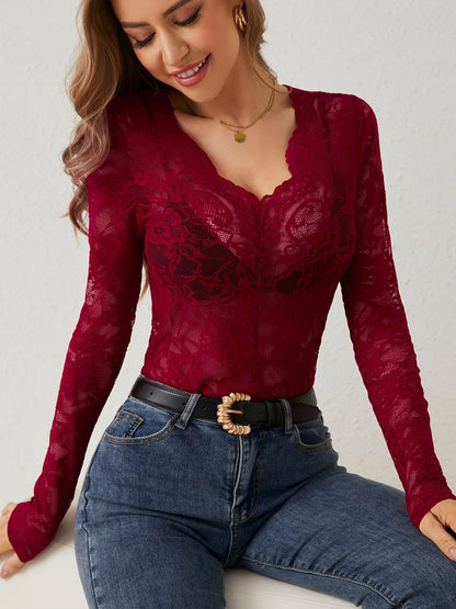 Elegant Sheer Lace V-Neck Long Sleeve Top for Women