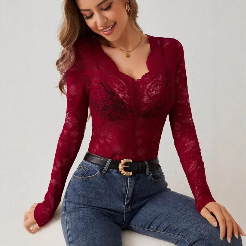 Elegant Sheer Lace V-Neck Long Sleeve Top for Women