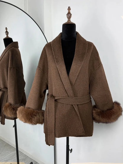 Women’s Tweed Coat with Belt and Plush Sleeves