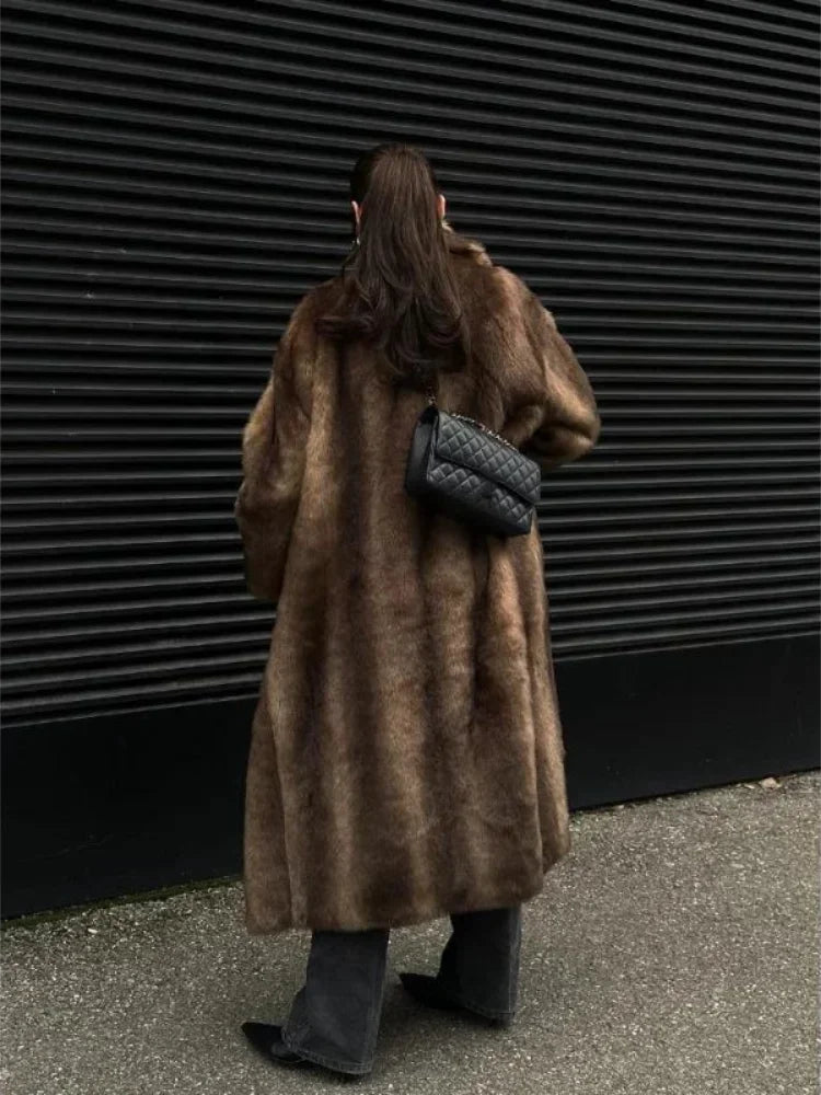 Elegant Faux Fur Lapel Long Overcoat for Women