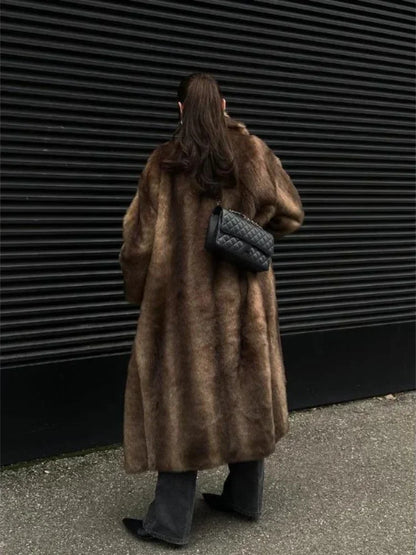 Elegant Faux Fur Lapel Long Overcoat for Women