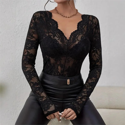 Elegant Sheer Lace V-Neck Long Sleeve Top for Women