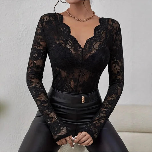 Elegant Sheer Lace V-Neck Long Sleeve Top for Women