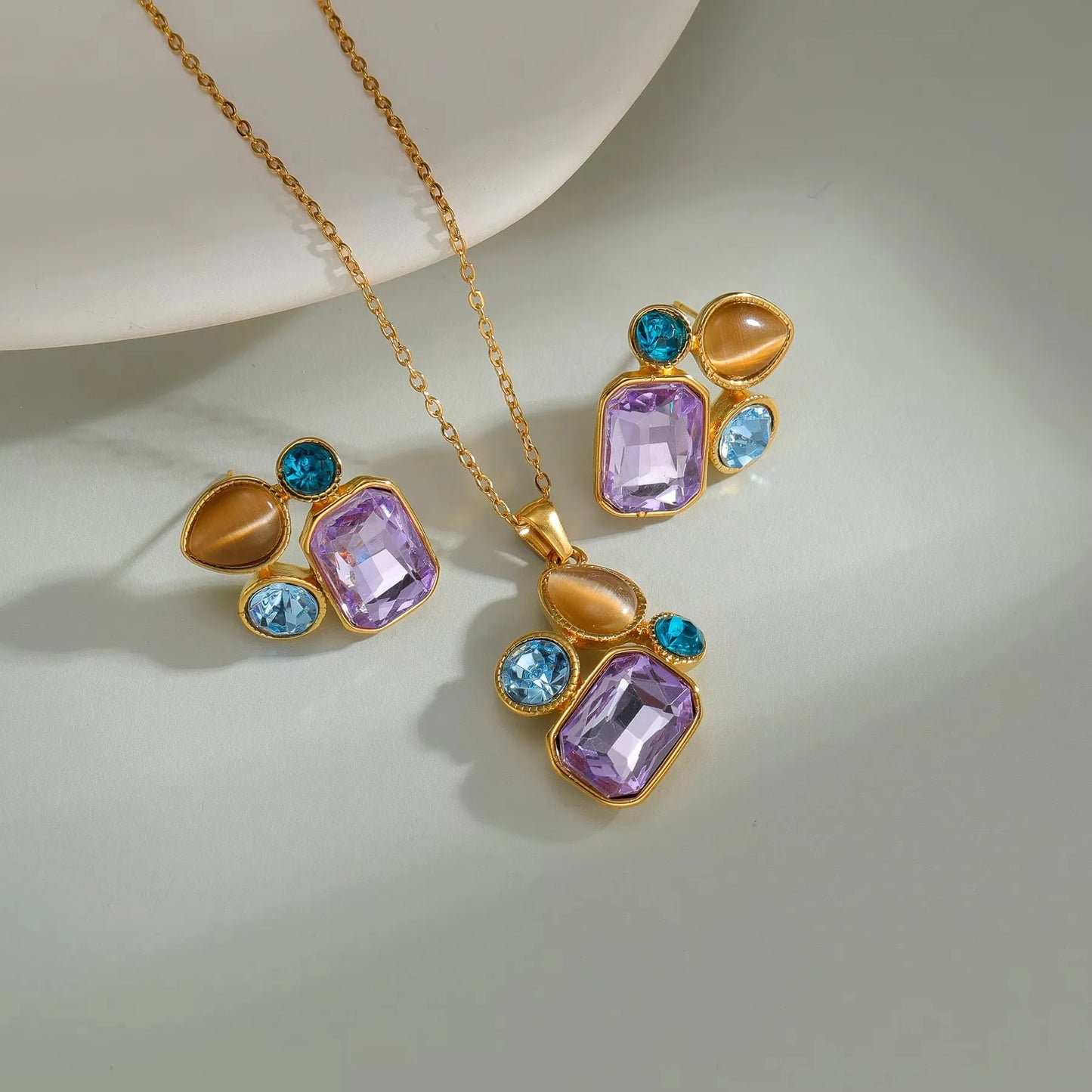 Stainless Steel Natural Stone Stud Earrings & Choker Necklace Set