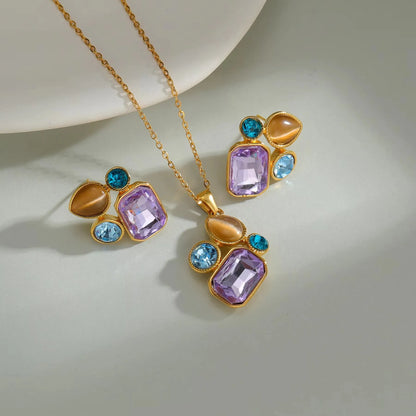 Stainless Steel Natural Stone Stud Earrings & Choker Necklace Set